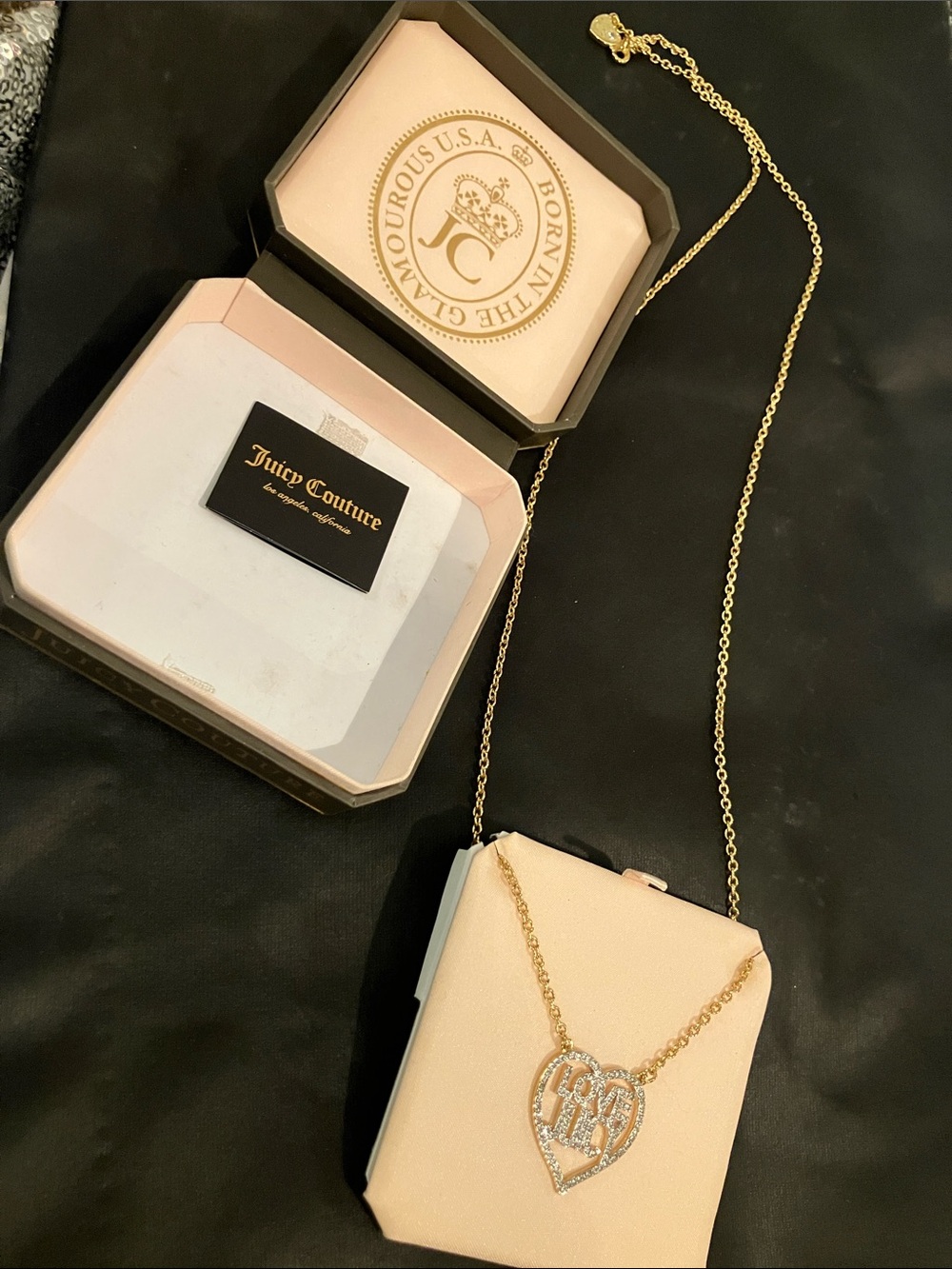 Vintage Juicy Couture Gold Tone Crystal “Love Juicy” Heart Pendant Necklace - Picture 3 of 6